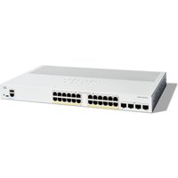Cisco Catalyst 1300-24P-4G switch, 24 GE ports, PoE, 4 SFP slots, sleek white design with logo on top.