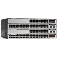 Stacked Cisco Catalyst 9300 switches, 48-port, silver, front-facing Ethernet ports, compact design.