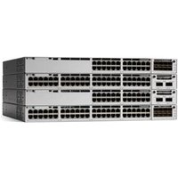 Stacked silver Cisco Catalyst C9300-24T-E network switches with multiple Ethernet ports and vented sides.