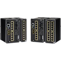 Black Cisco Catalyst IE3300 switch with multiple Ethernet ports and rugged design.