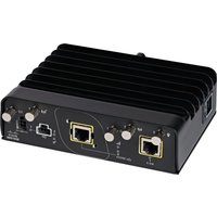 Black Cisco Catalyst IW9165E PoE device with ribbed top, multiple ports, and metal connectors on the front panel.
