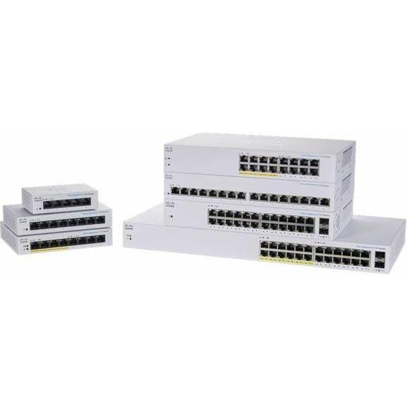 Cisco CBS110 unmanaged L2 gigabit Ethernet switches in varying sizes, featuring a sleek grey metal casing with multiple Ethernet ports on the front panel.