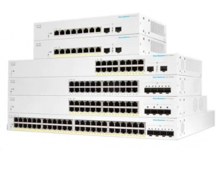 Stack of Cisco CBS220-16P-2G managed L2 gigabit Ethernet switches in white, featuring multiple Ethernet ports and a sleek design, ideal for network management.