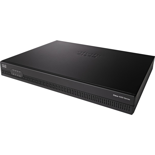 Black Cisco Integrated Services Router 4321 with a sleek design, featuring multiple WAN ports, a textured surface, and the Cisco logo on top, ideal for network connectivity.