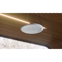 White Cisco conference microphone with a circular design, suspended from a wooden ceiling.