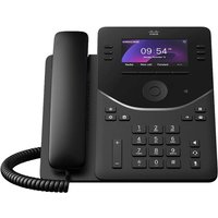 Black Cisco IP phone with 6 lines, LCD screen, numeric keypad, and coiled handset cord.