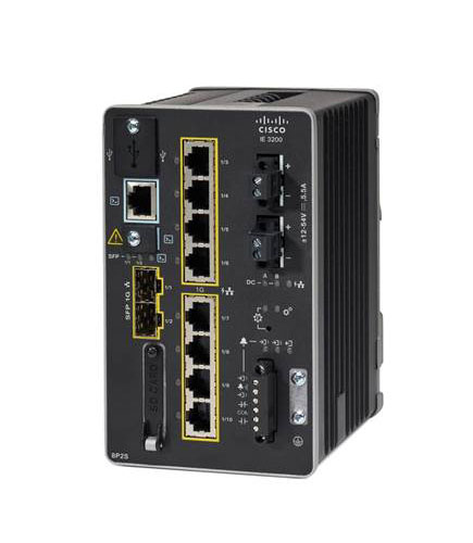 Cisco IE-3200-8P2S-E network switch in black metal housing, featuring eight Fast Ethernet ports, two SFP ports, and various LED indicators for status monitoring.