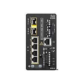 Cisco IE3100 switch in black with four GE PoE+ ports, two GE SFP ports, LED indicators, and a compact design for industrial networking applications.