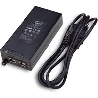 Black Cisco MA-INJ-4 PoE adapter with two Ethernet ports, power cord attached, and printed specifications on top.