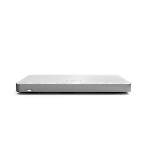 Cisco Meraki MX68-HW hardware firewall in sleek silver finish, featuring a low-profile design with a single LED indicator on the side, ideal for network security.