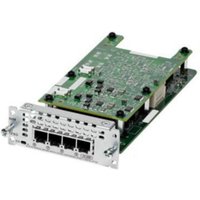 Cisco NIM-4BRI-NT/TE network module, green circuit board with multiple ports and connectors, silver front panel.