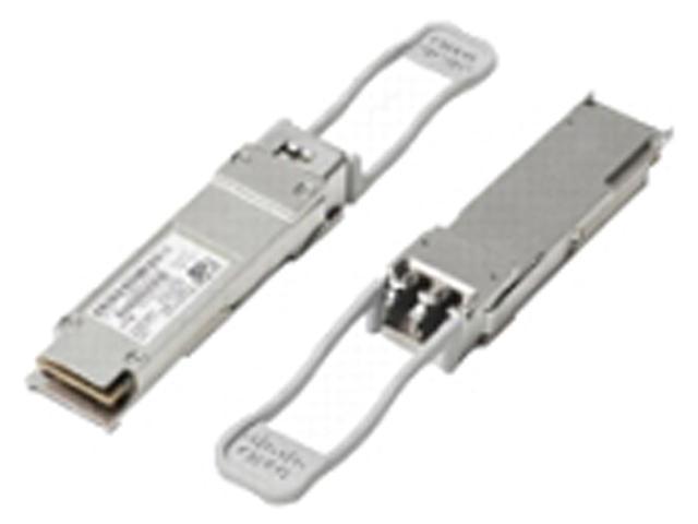 Cisco QSFP40G BiDi short-reach transceiver in silver metal, featuring LC duplex connectors and a compact design for data and optical networking applications.