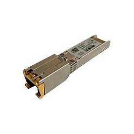 10GBASE-T SFP+ transceiver module by Cisco, featuring a metallic silver body with gold connectors, compact design, and printed specifications on the side.
