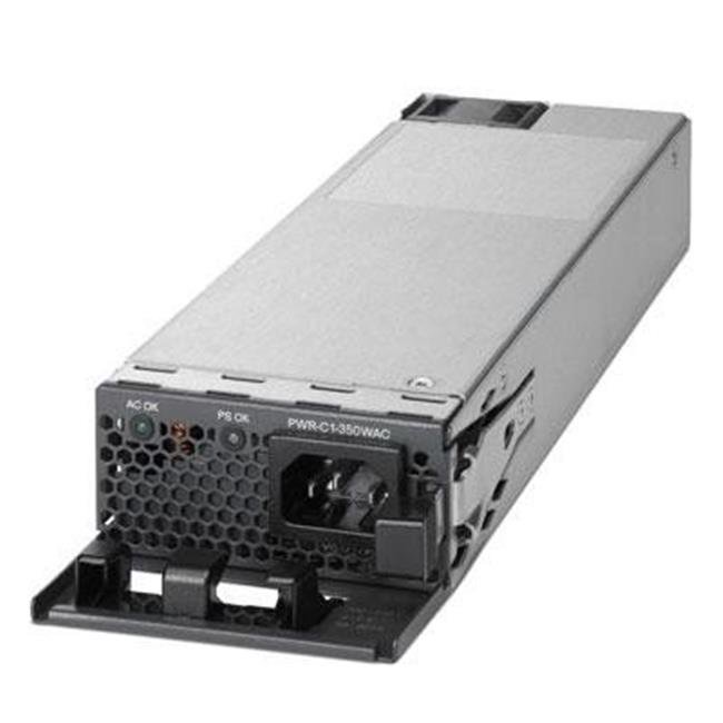 Platinum-rated Cisco power supply unit with a metallic silver casing, featuring ventilation grilles, an AC input socket, and LED status indicators.