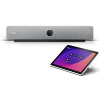 Cisco Webex Room Bar, silver with central camera, paired with touchscreen control panel displaying interface.