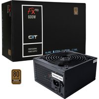 Black CIT 600W ATX power supply with 80+ efficiency, 120mm silent fan, and active PF, shown with packaging.