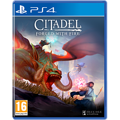 The PS4 game cover features a vibrant dragon with red wings, a wizard casting spells, and a mystical landscape, all set against a blue background with the title "Citadel: Forged with Fire."