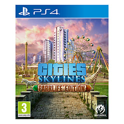 Cover art for "Cities Skylines: Parklife Edition" features vibrant colors with a city skyline, a ferris wheel, and animals, all set against a scenic backdrop, designed for PS4.