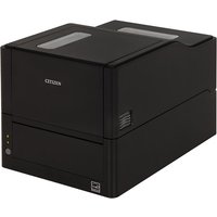 Black Citizen CL-E321 label printer with sleek design, dual thermal functions, and front-loading media access.