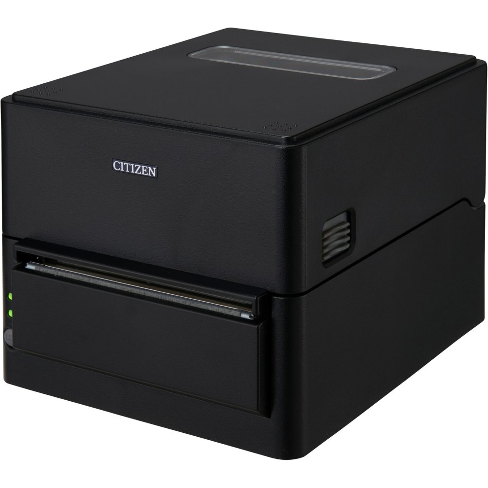 Black wired direct thermal POS printer with a compact design, featuring a top paper exit slot, a front paper cutter, and indicator lights on the front panel.
