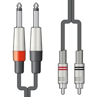 Citronic 1.5m audio leads with 2 silver 6.3mm mono jack plugs and 2 RCA male plugs, red and black bands.