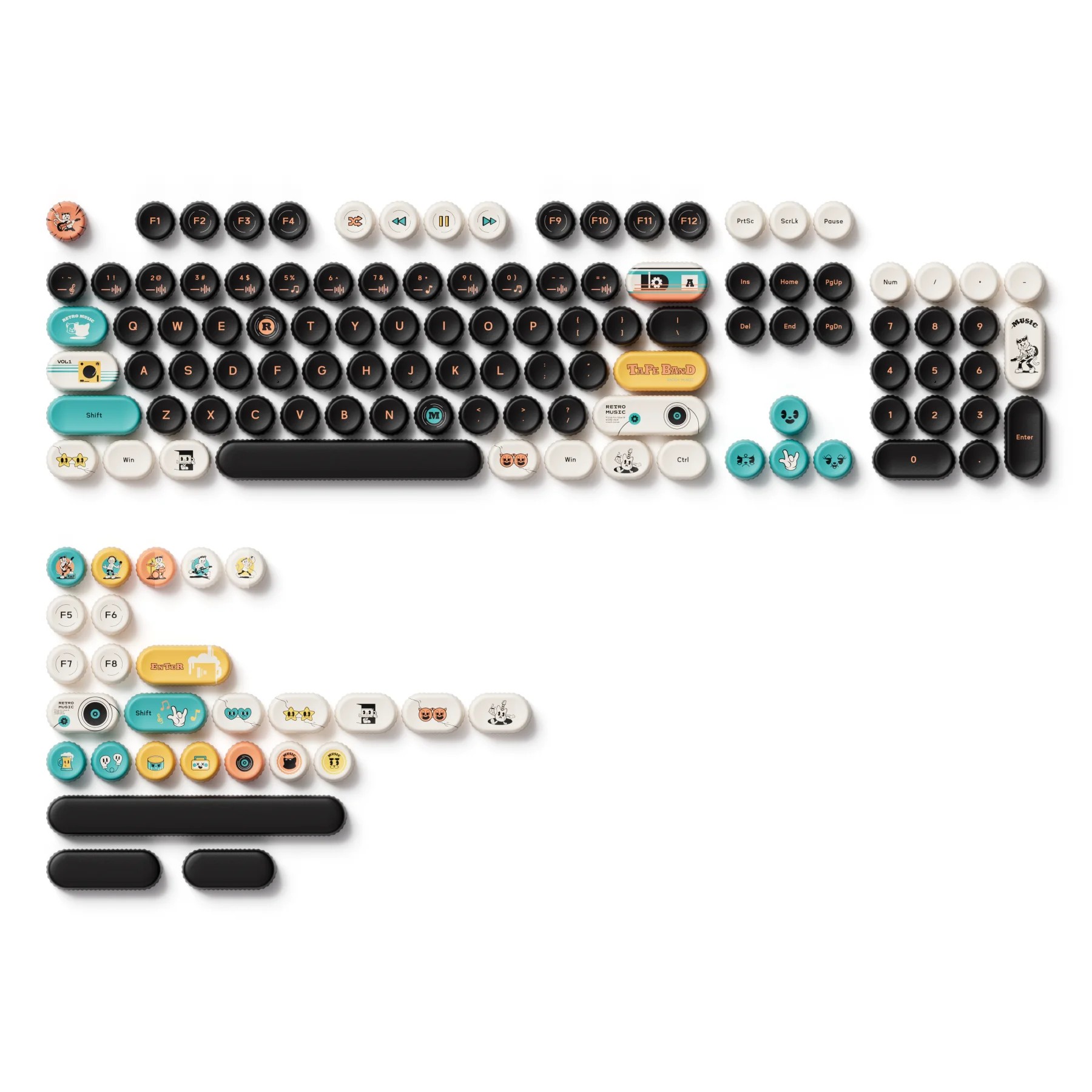 Colorful 131-key Akko Cute Keycap Set featuring PBT dye-sublimation keycaps in a bottle cap profile, with playful designs in teal, cream, and black for various keyboard layouts.