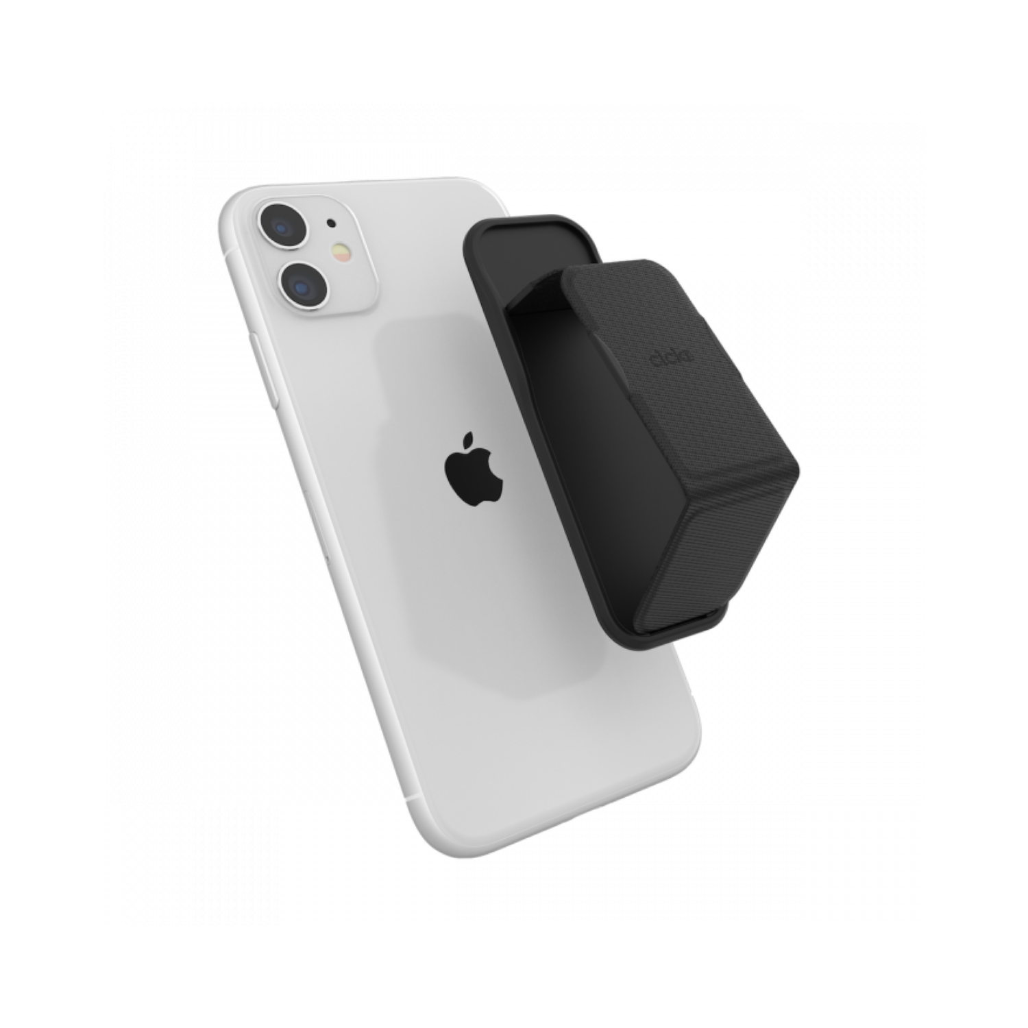 Black Clckr Universal Stand with diagonal lines, attached to a white smartphone, featuring a textured surface for grip and a compact design for easy portability.