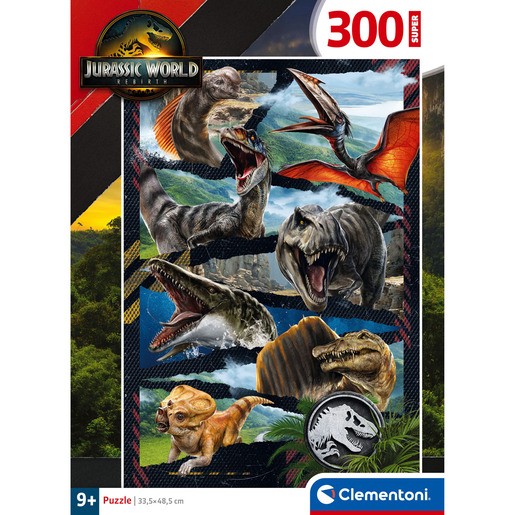 Colorful 300-piece puzzle featuring various dinosaurs from Jurassic World, including a T-Rex and a Pteranodon, set against a dark, textured background.