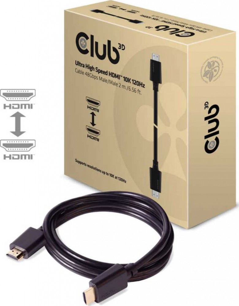 Black 2m HDMI cable with male connectors on both ends, packaged in a beige box featuring the Club3D logo and specifications for ultra high-speed performance.