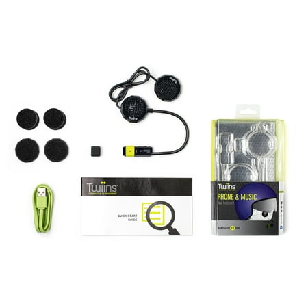 Twiins HF2 Dual 5.0 Universal Motorcycle Helmet Intercom kit featuring two black speakers, a USB cable, adhesive pads, and a quick start guide in a colorful packaging.