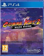 Cobra Kai 2: Dojos Rising game cover features vibrant purple and yellow graphics, with the title prominently displayed and a PlayStation 4 logo in the top corner.