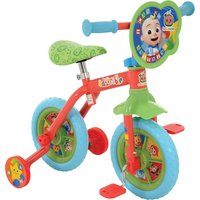 CoComelon 2-in-1 training bike with red frame, green seat, blue wheels, and character graphics on handlebars.