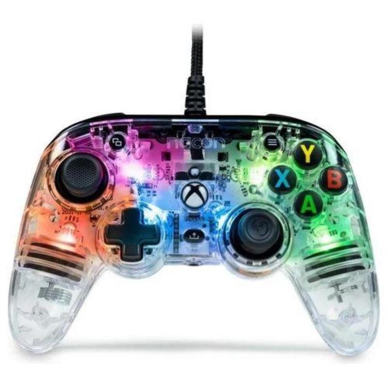 Transparent Xbox Series X controller by Nacon with colorful LED lights, featuring a wired connection, analog sticks, and Xbox buttons in green, red, blue, and yellow.