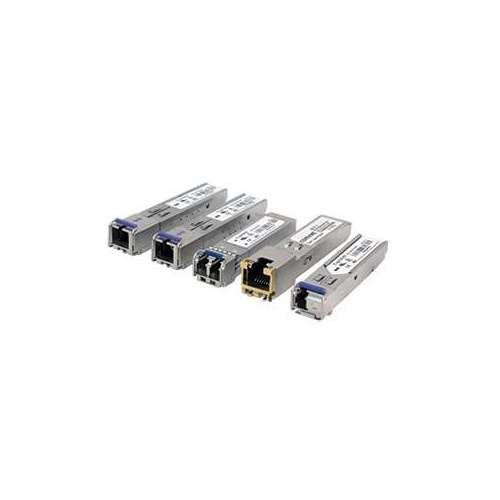 Five metallic network transceiver modules with RJ-45 connectors, featuring labels and varying colors, designed for 1000 Mbit/s connectivity.
