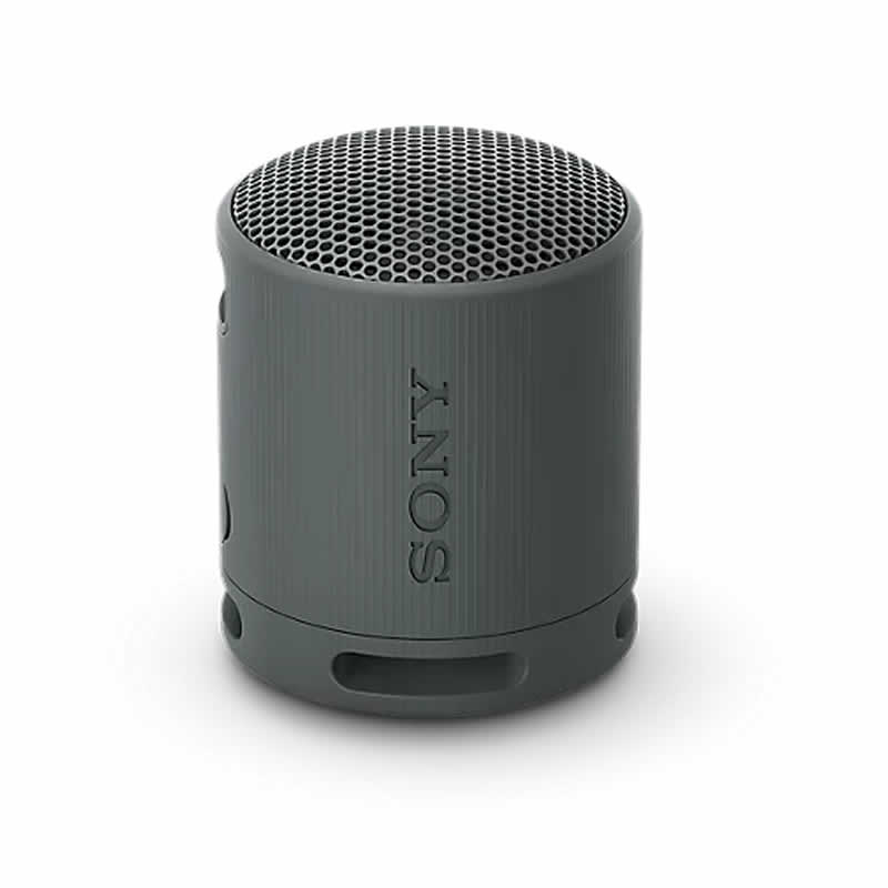 Compact black cylindrical speaker with a textured mesh top, featuring the Sony logo, designed for outdoor use with IP67 waterproof and dustproof ratings and a 16-hour battery life.