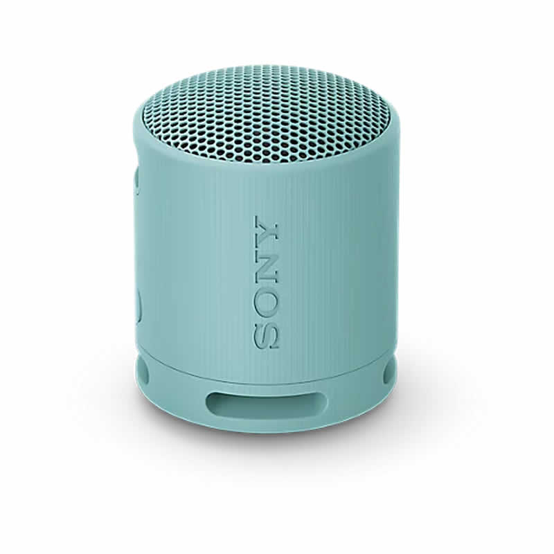 Light blue Sony SRS-XB100 portable Bluetooth speaker with a cylindrical shape, textured speaker grille, and the Sony logo prominently displayed on the side.
