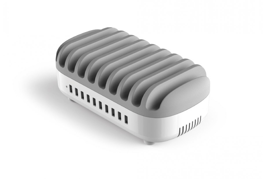10-port USB charging dock station featuring a sleek white body with a textured grey top, designed for efficient device charging with an EU plug.