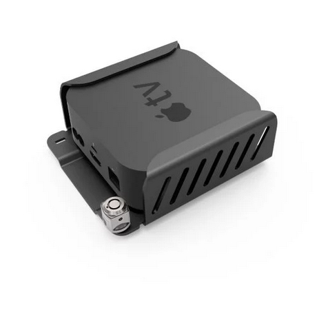 Black security mount for Apple TV 4K 3rd Gen, featuring a sleek design, ventilation slots, and a locking mechanism for added security.