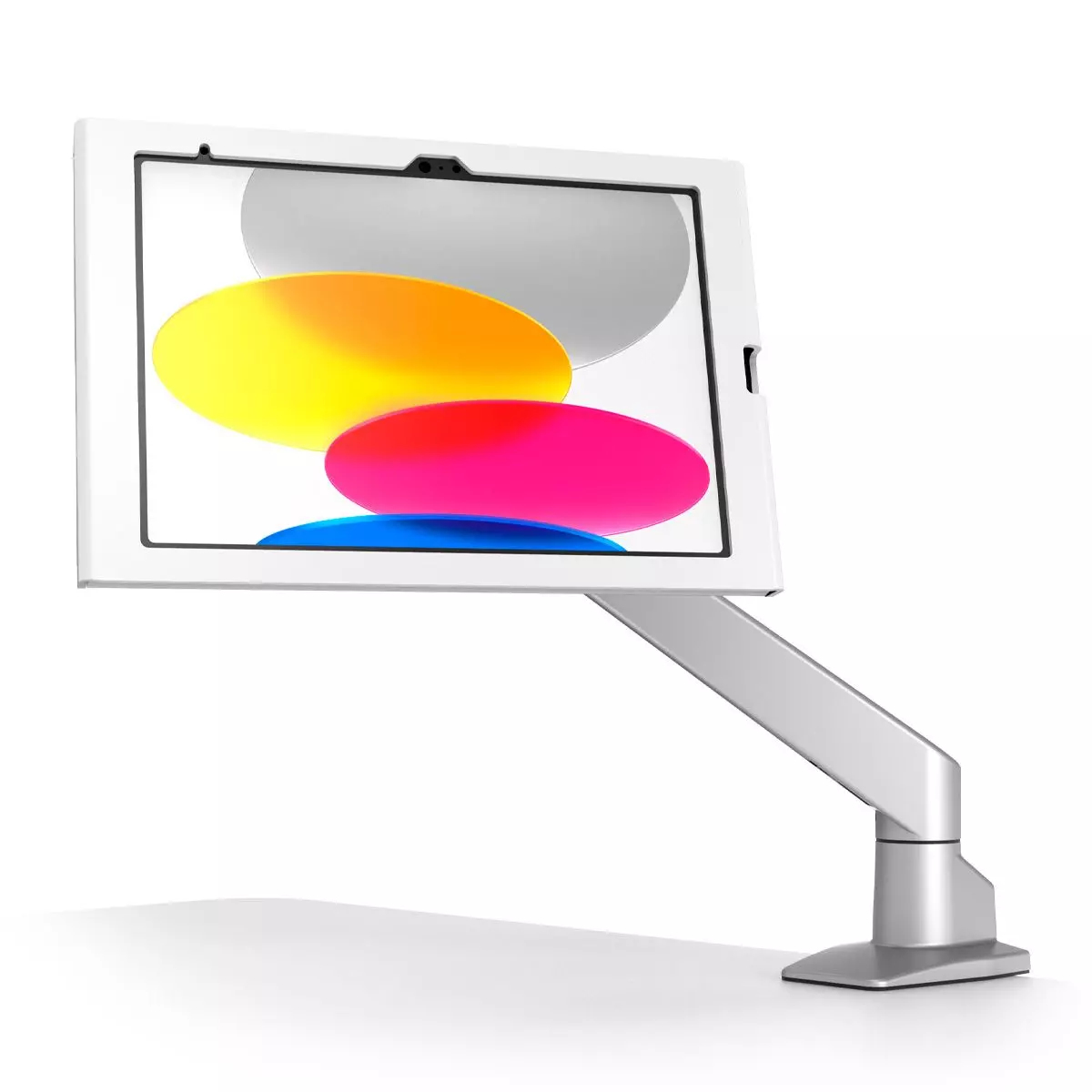 White articulating arm mount for iPad 10th-11th Gen, featuring a sleek design with a sturdy silver base and a clear protective enclosure showcasing vibrant circular graphics.