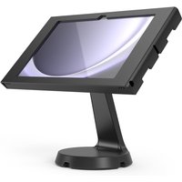 Black Compulocks tablet stand with secure enclosure, angled display mount, and sturdy round base.