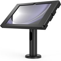 Black tablet enclosure stand with angled display mount and sturdy round base for Galaxy Tab A9+/A11+.