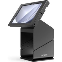 Black Compulocks tablet printer kiosk with angled enclosure for Galaxy Tab A9+/A11+, sleek design, sturdy base.