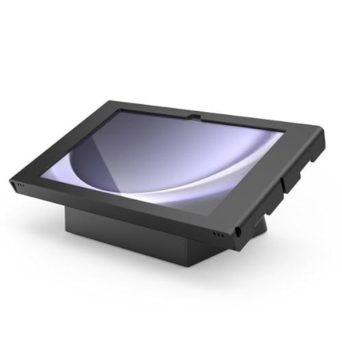 Black swing wall mount for Galaxy Tab A9, featuring a sturdy enclosure with a sleek design and angled support for optimal viewing.