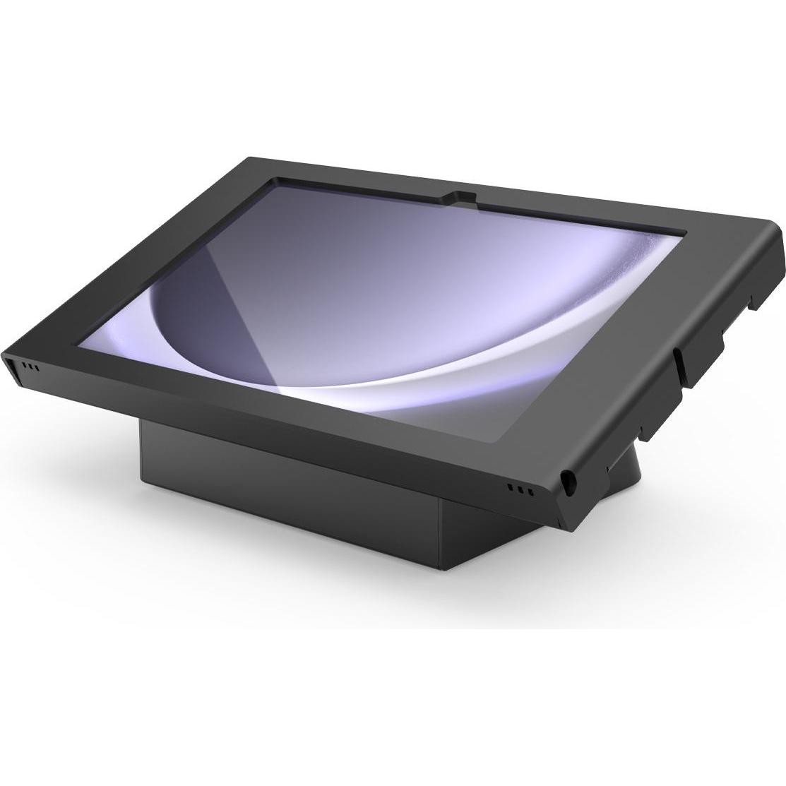 Black Apex Enclosure for Galaxy Tab S9+/S9 FE+ with a 12.4-inch screen, featuring a sturdy design and angled base for optimal viewing in conference settings.