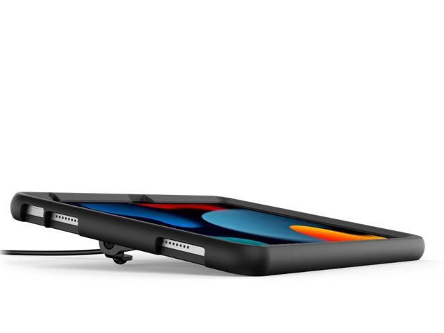 Black secured kickstand case for iPad 10.2", featuring a sturdy design with cutouts for ports, and a sleek finish that enhances device protection and usability.