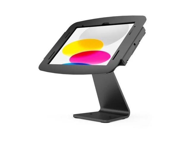 Black metal iPad 10.2" space enclosure with a sleek, angled stand, featuring a secure frame for AV conference room use and a clear display area for the device.