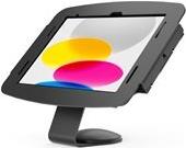 Black, sturdy enclosure for iPad 10.2", featuring a secure mount with a counter stand and wall attachment options, designed for versatile display and protection.