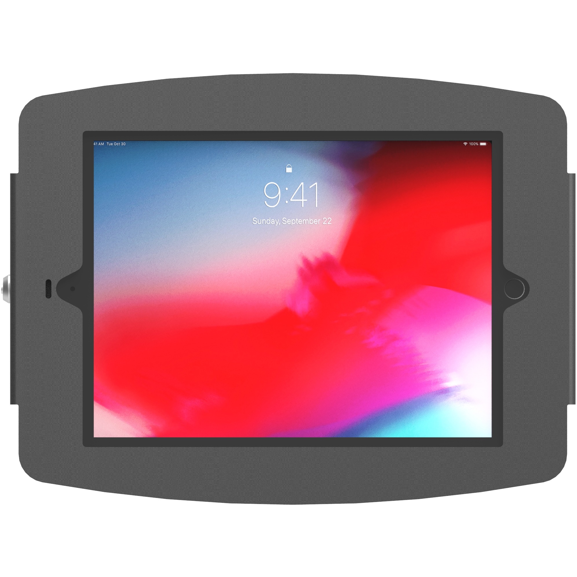 Black wall mount enclosure designed for iPad 10.2", featuring a sleek, sturdy frame with a cutout for the screen and a secure locking mechanism for safety.