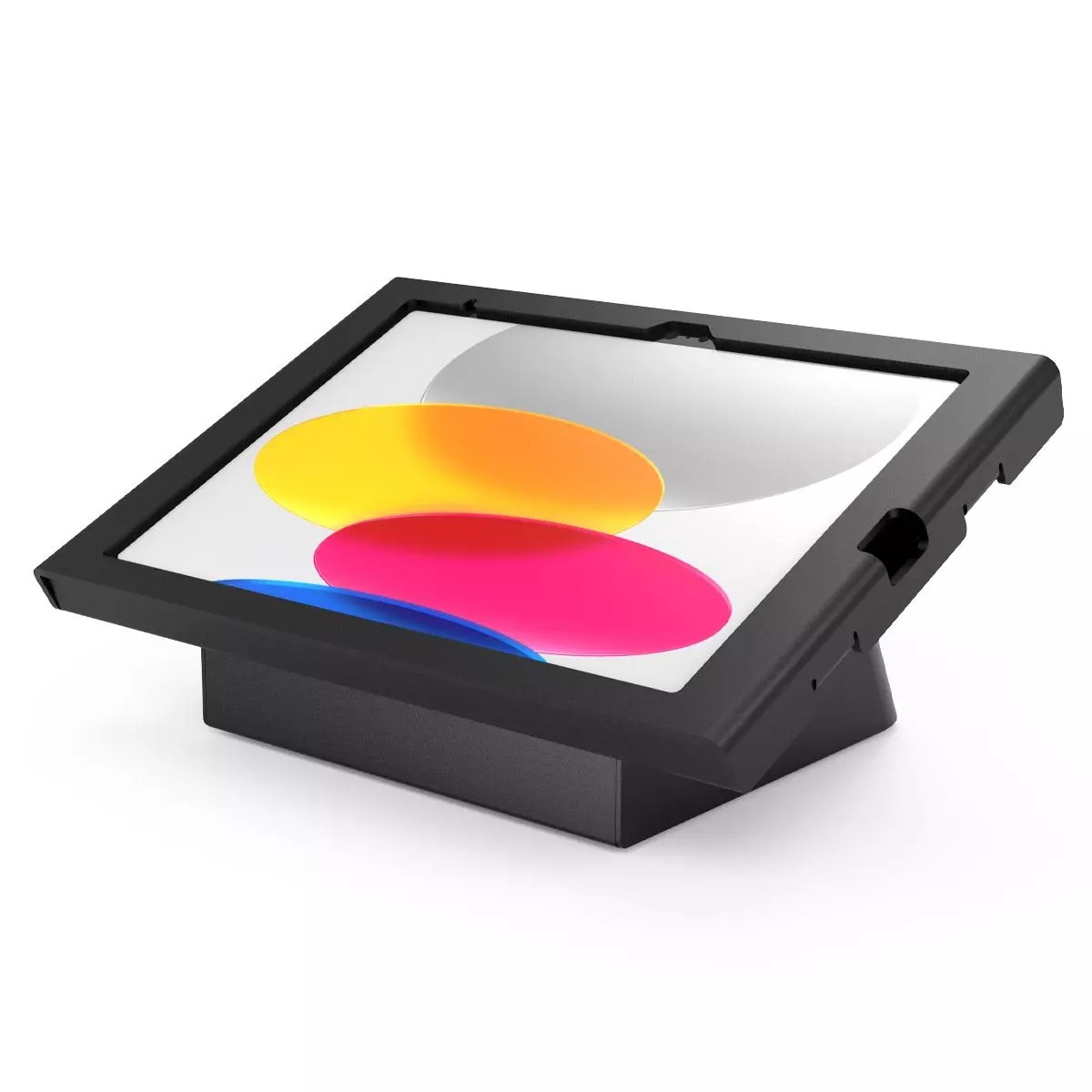 Black tilting stand for iPad 10th-11th Gen, featuring a sturdy enclosure with a sleek design, designed for optimal viewing angles and stability.