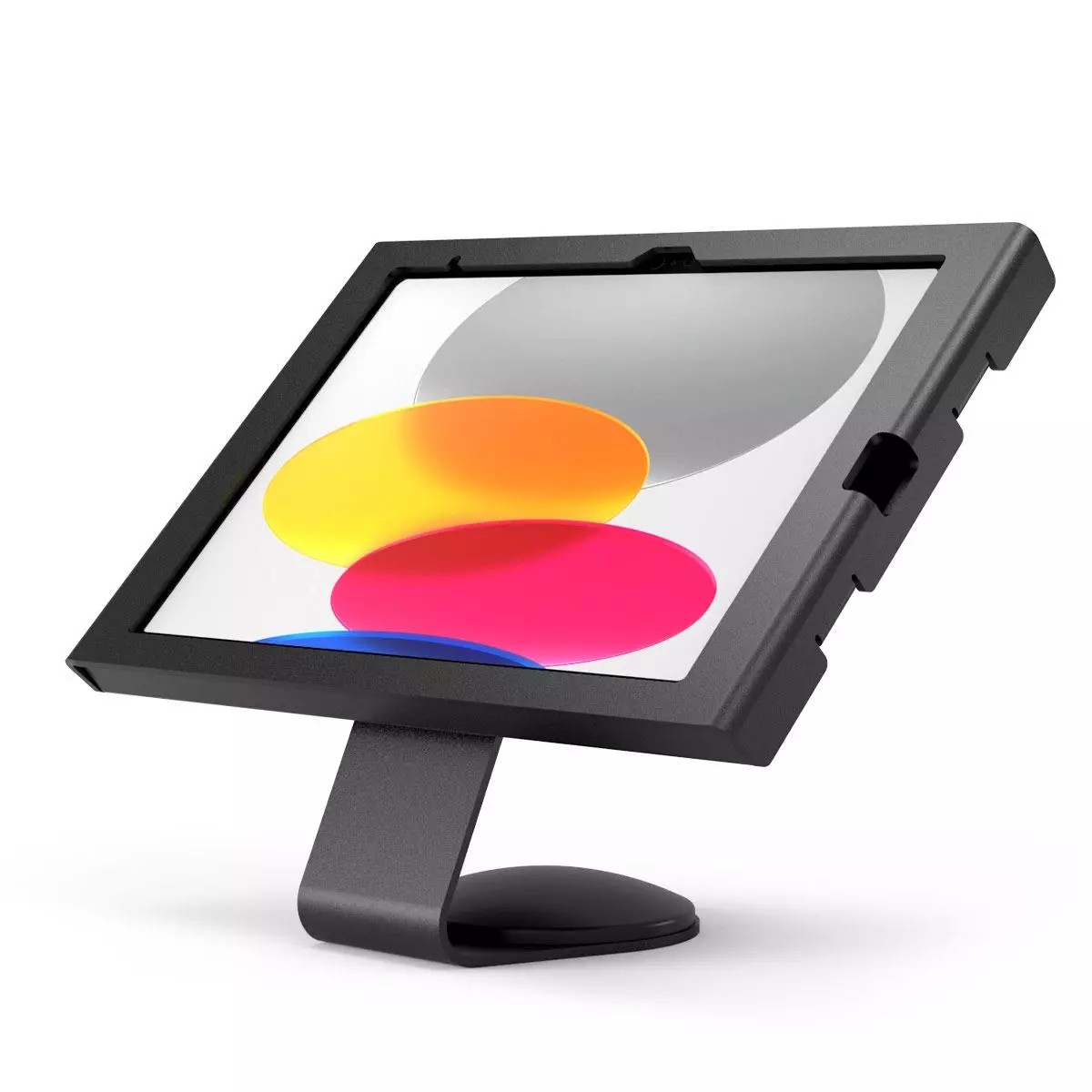Black Swell Enclosure Core stand for iPad 10th-11th Gen, featuring a sleek design with a sturdy base, angled display, and cutouts for easy access to ports.